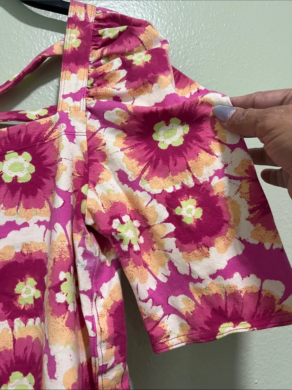 Free People Pink Floral Square-Neck Puff Sleeve Top
